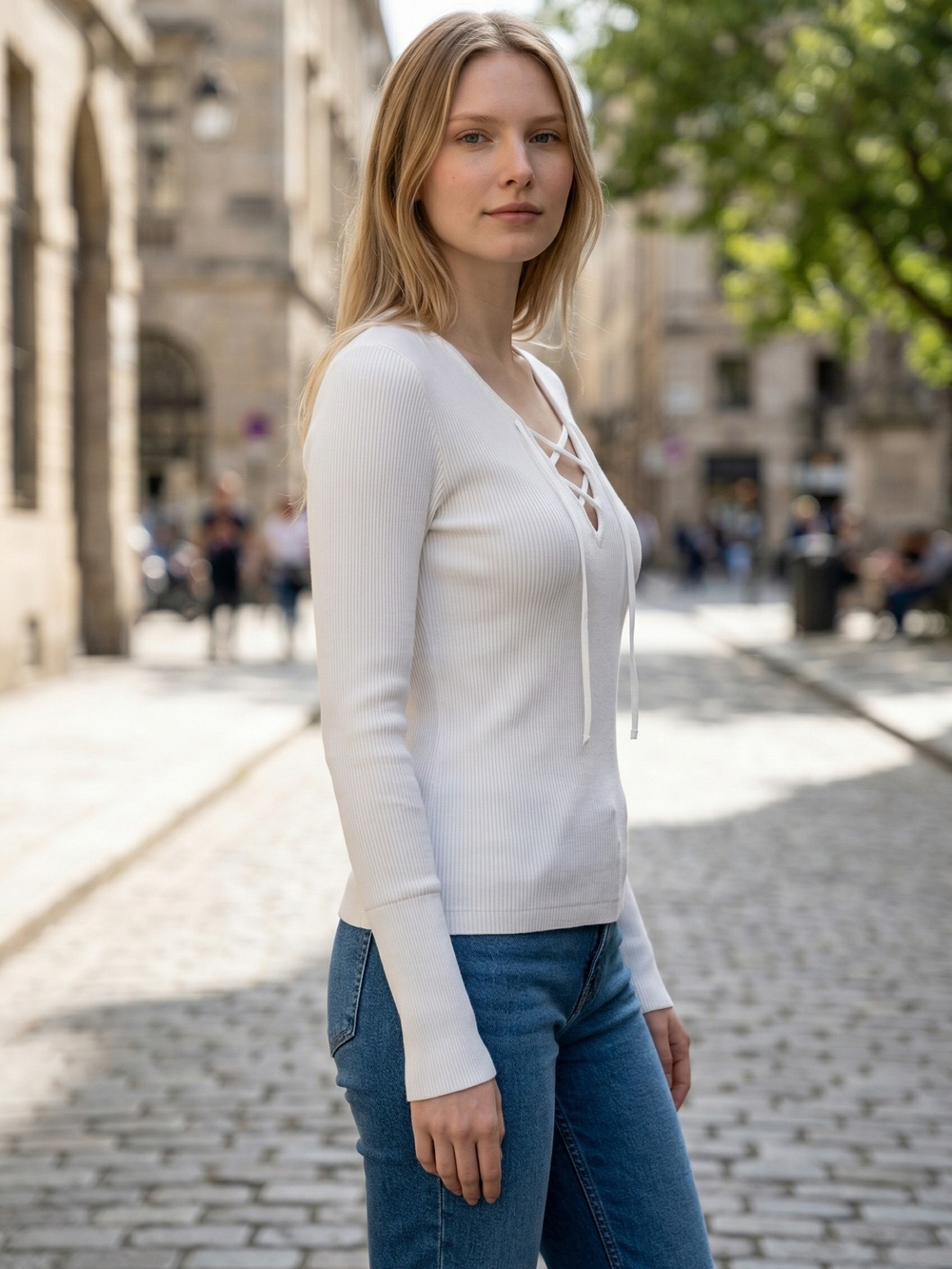 Hollister White Ribbed Lace-Up Long Sleeve Top - Picture 3 of 4